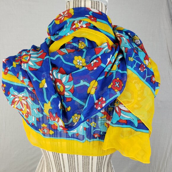 HERMES Shawl Scarf Pareo 100% Cotton Lightweight Blue Yellow Red Persian Motif - Picture 10 of 14